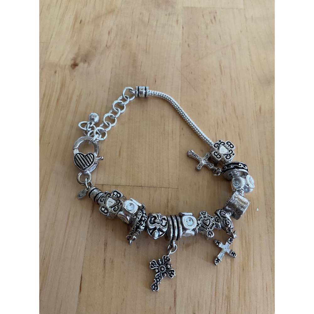 Silver Tone Religious Cross Heart Charm Bracelet Adjustable Snake Chain